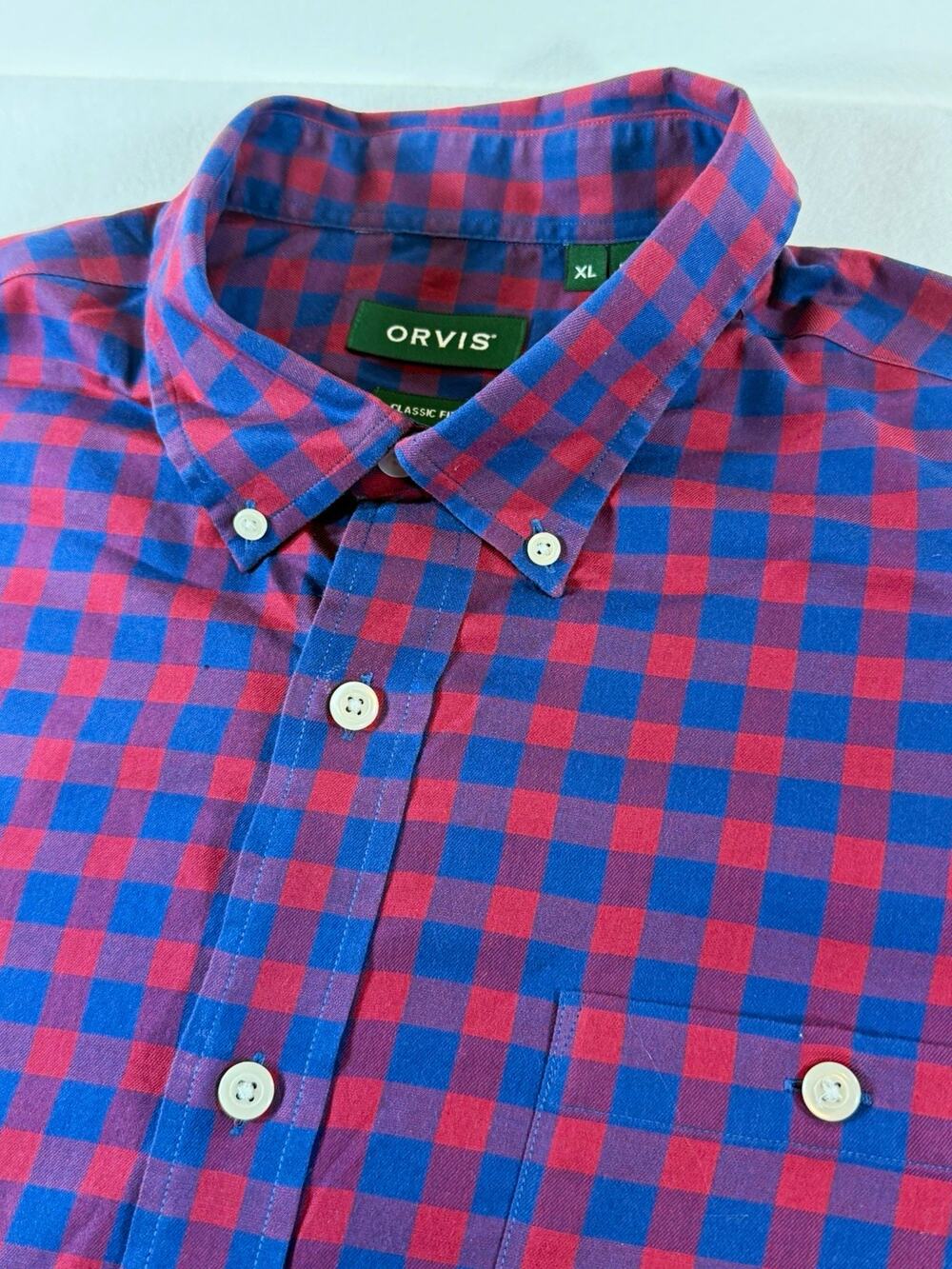 Orvis Men’s XL Classic Fit Red Blue Gingham Check Button Down Shirt Stretch